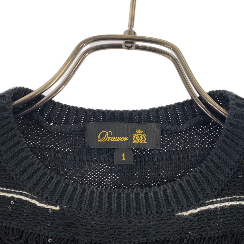 Drawer ドゥロワー ボーダー 半袖 フリンジ ニット 1 ブラック カットソー レディース