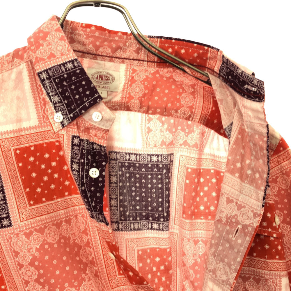 ジェイプレスレッドレーベル 総柄 半袖 ボタンダウンシャツ L レッド系 J.PRESS RED LABEL メンズ