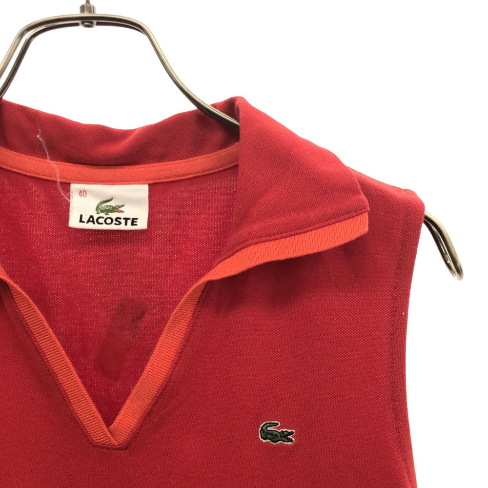 ラコステ 日本製 ノースリーブ Vネック ワンピース 40 レッド LACOSTE 鹿の子地 レディース