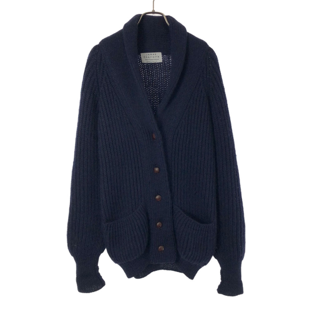 ジェームス シャルロット イギリス製 ウール 長袖 ショールカラー ニットカーディガン 32 ネイビー レディース