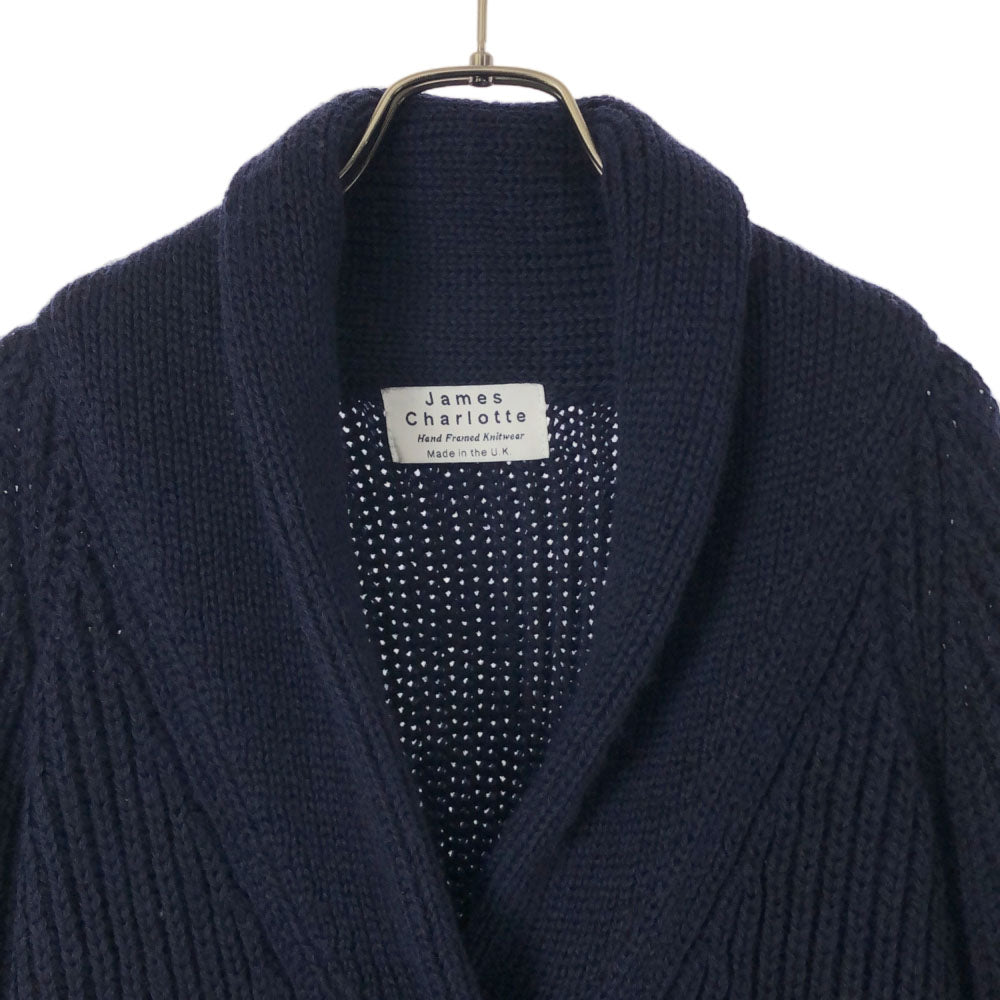 ジェームス シャルロット イギリス製 ウール 長袖 ショールカラー ニットカーディガン 32 ネイビー レディース