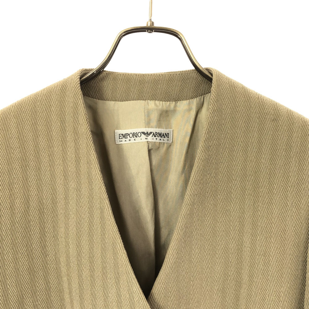 エンポリオアルマーニ 90s イタリア製 へリーンボーン ノーカラージャケット ベージュ系 Emporio Armani オールド ヴィンテージ レディース