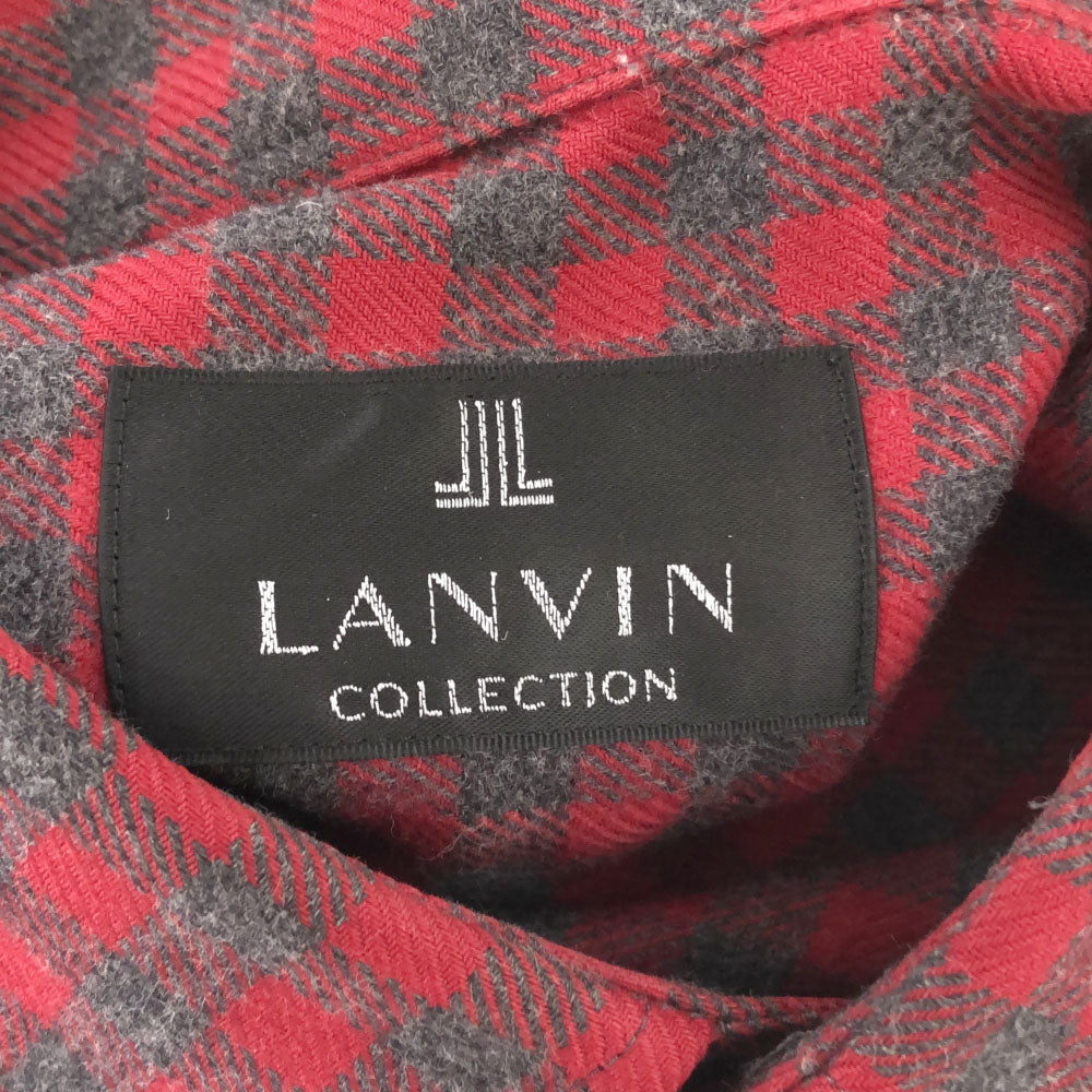 ランバンコレクション 日本製 チェック 長袖 コットンシャツ L レッド×グレー LANVIN LA COLLECTION メンズ