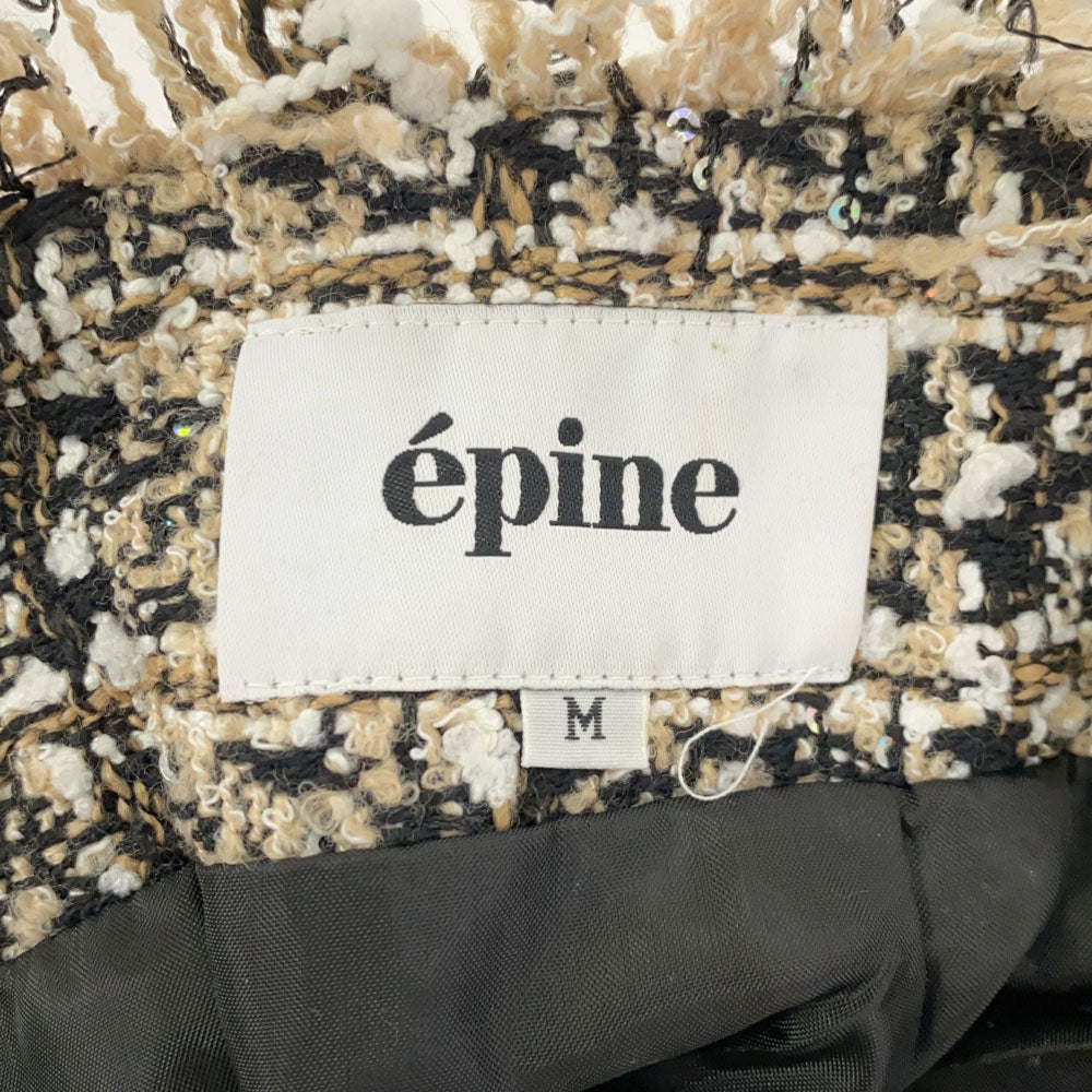 未使用 epine エピヌ チェック ツイード ミニスカート M ベージュ×ブラック フリンジ タグ付き レディース