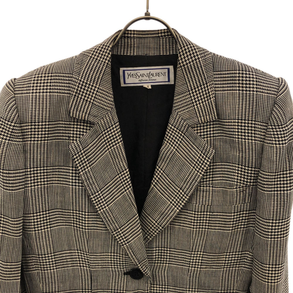 YVES SAINT LAURENT イヴサンローラン 90s シルクブレンド 千鳥格子 テーラードジャケット M ブラック×ベージュ オールド レディース