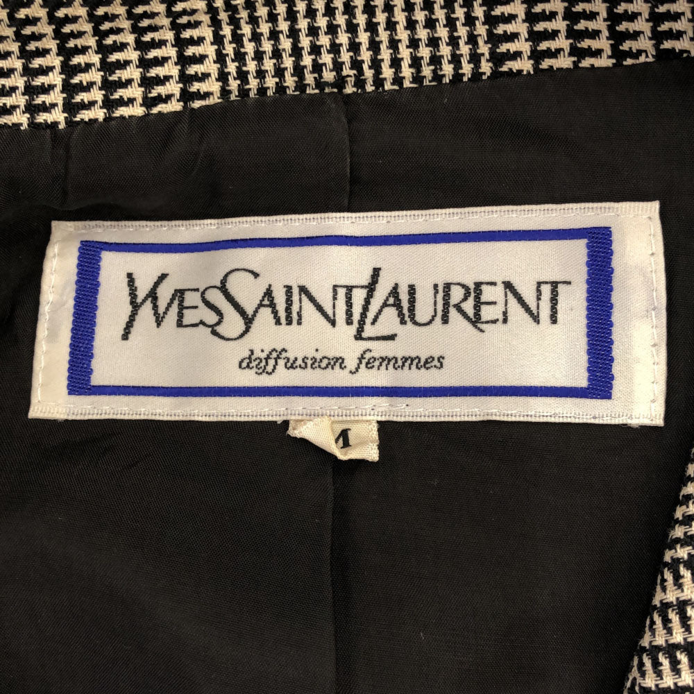 YVES SAINT LAURENT イヴサンローラン 90s シルクブレンド 千鳥格子 テーラードジャケット M ブラック×ベージュ オールド レディース