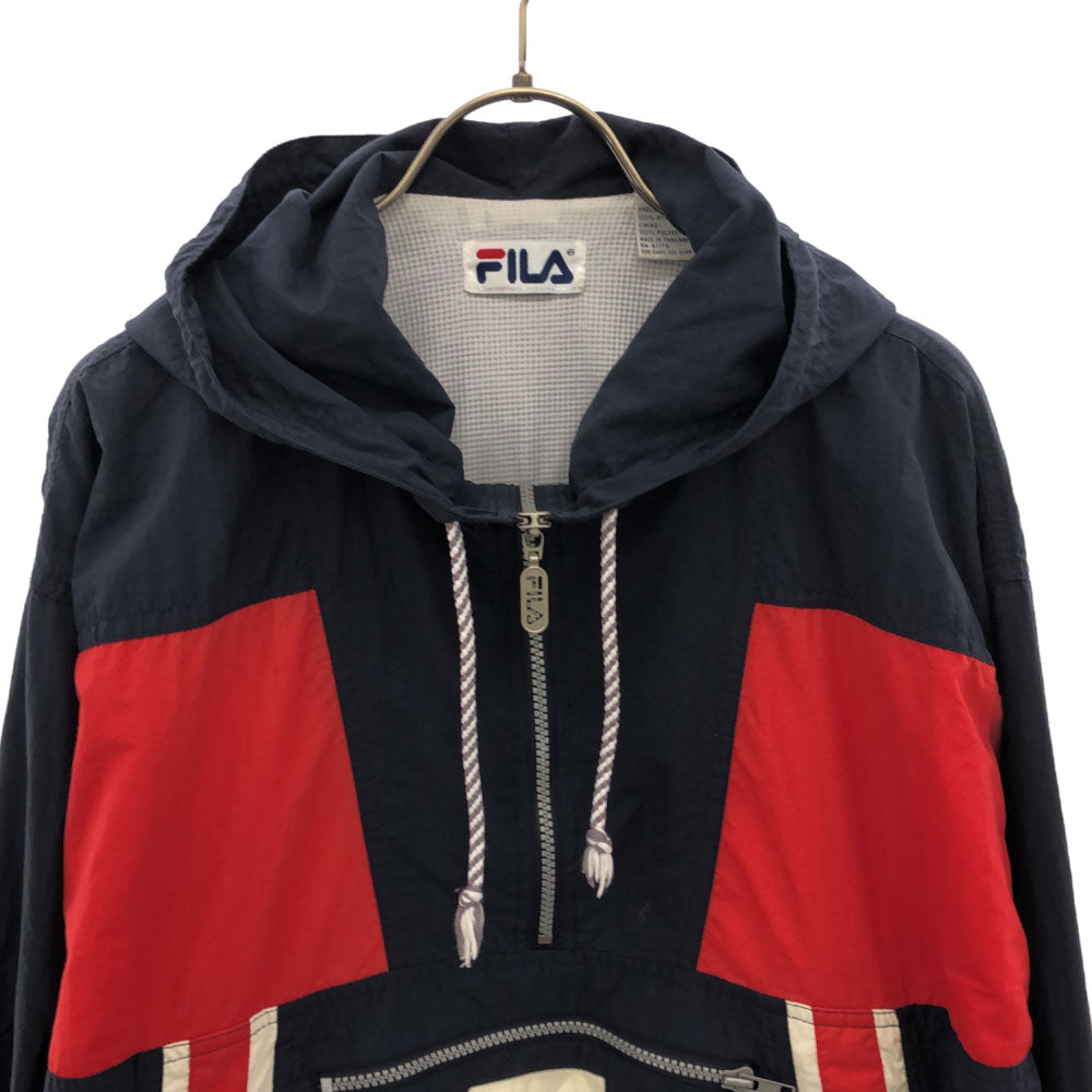 FILA フィラ 90s ロゴ 長袖 ハーフジップ ナイロンジャケット S ネイビー×レッド プルオーバー パーカー オールド メンズ