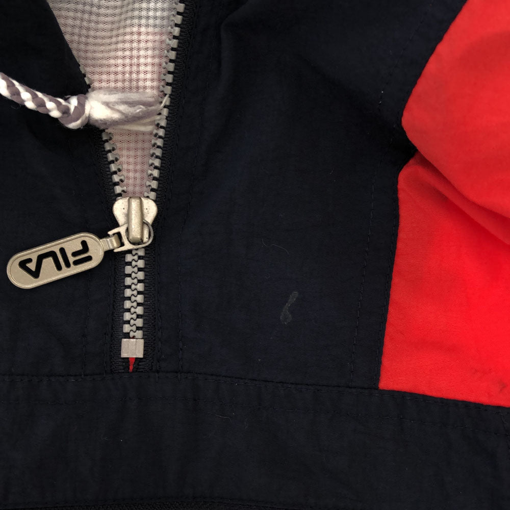 FILA フィラ 90s ロゴ 長袖 ハーフジップ ナイロンジャケット S ネイビー×レッド プルオーバー パーカー オールド メンズ
