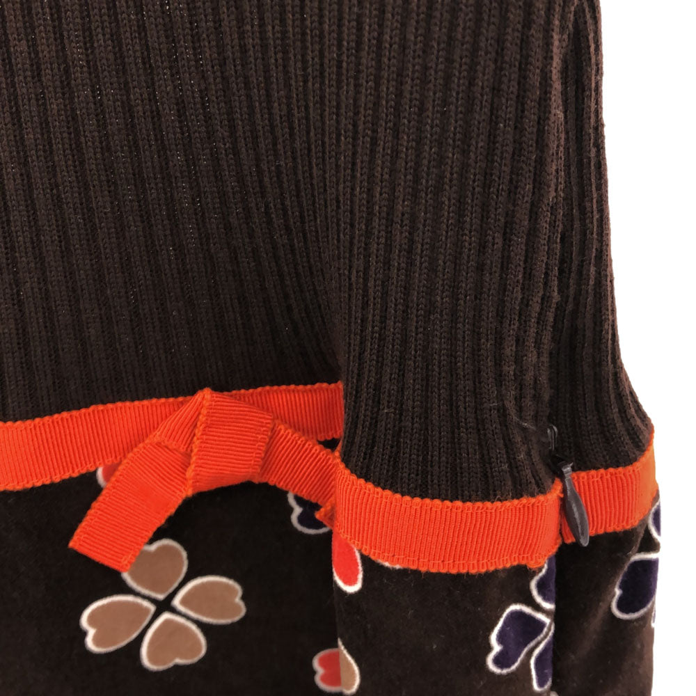 ポールカ 花柄 半袖 ニットドッキング ワンピース 40 ブラウン系 PAULE KA 異素材 レディース