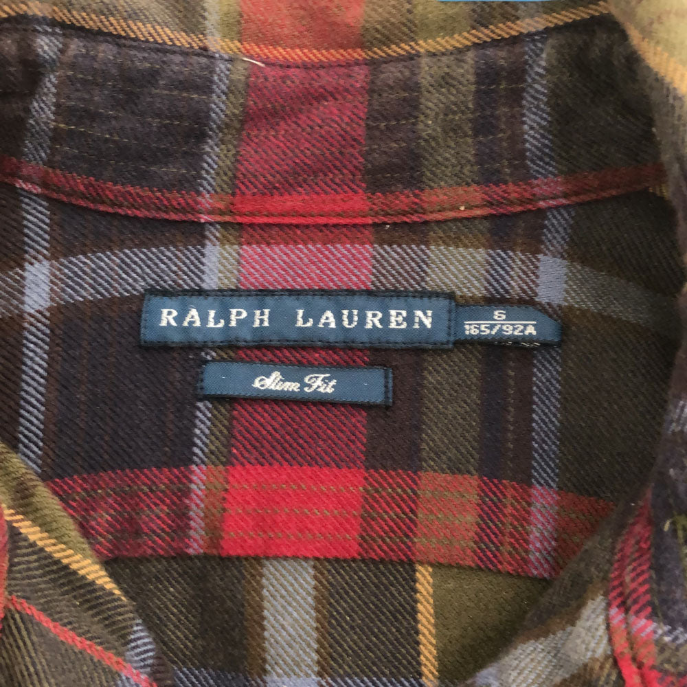 ラルフローレン チェック柄 長袖 コットンシャツ S グリーン系 RALPH LAUREN エルボーパッチ メンズ