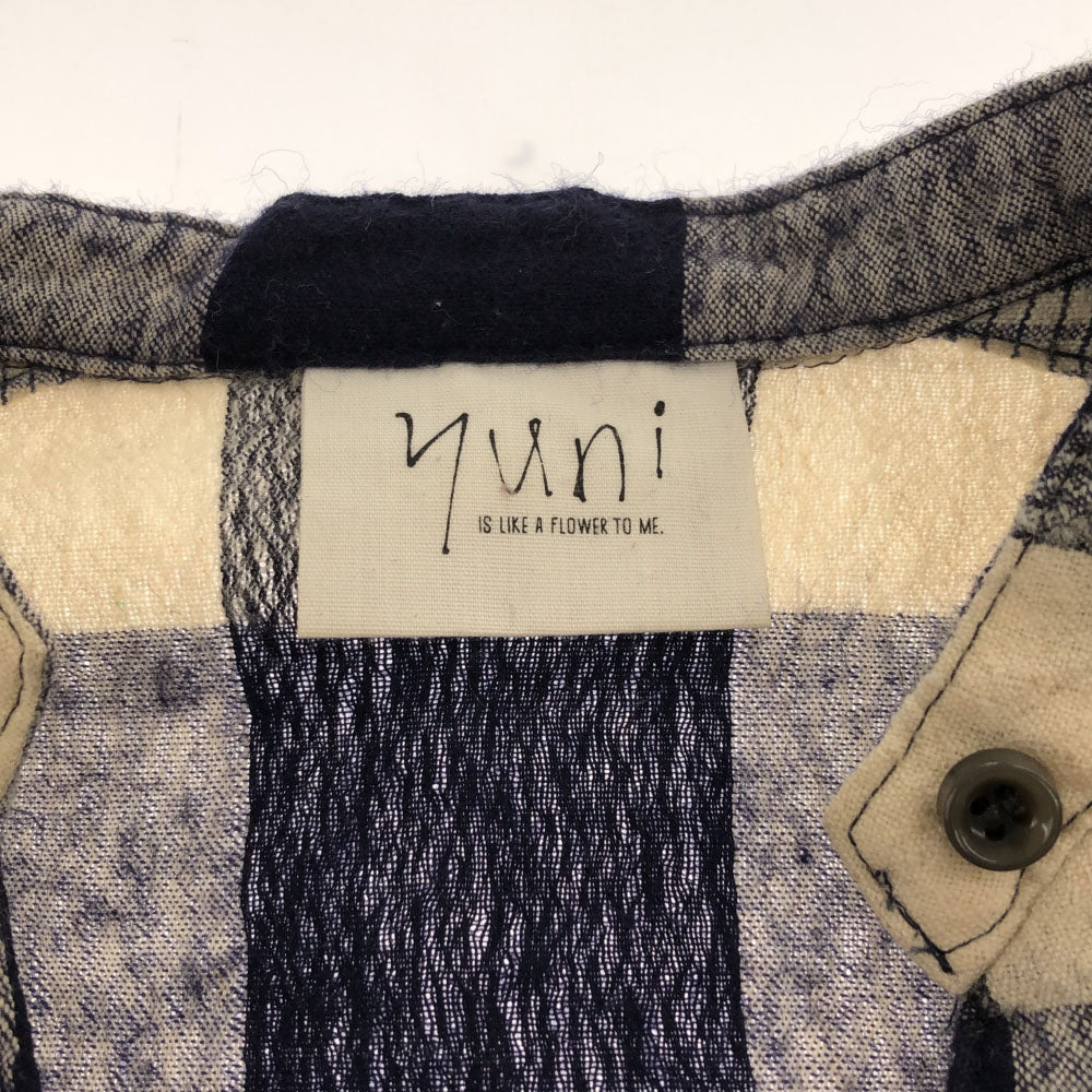 yuni ユニ 日本製 チェック柄 長袖 ロングワンピース F ホワイト×ネイビー リネンブレンド レディース