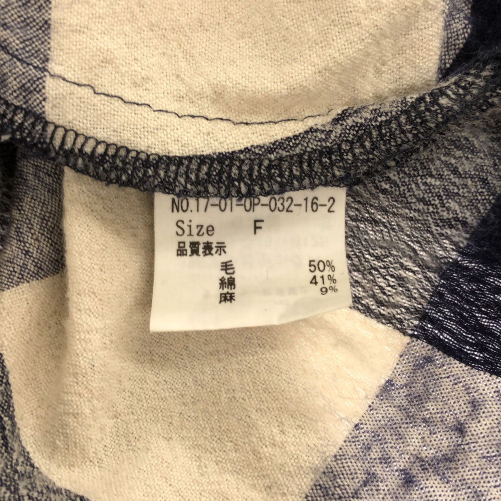 yuni ユニ 日本製 チェック柄 長袖 ロングワンピース F ホワイト×ネイビー リネンブレンド レディース