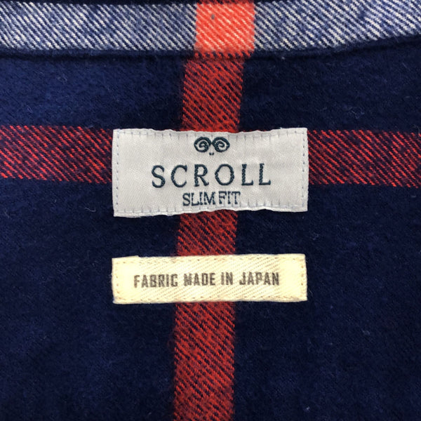 スクロール 日本製 チェック 長袖 コットンシャツ L ブルー系 SCROLL メンズ