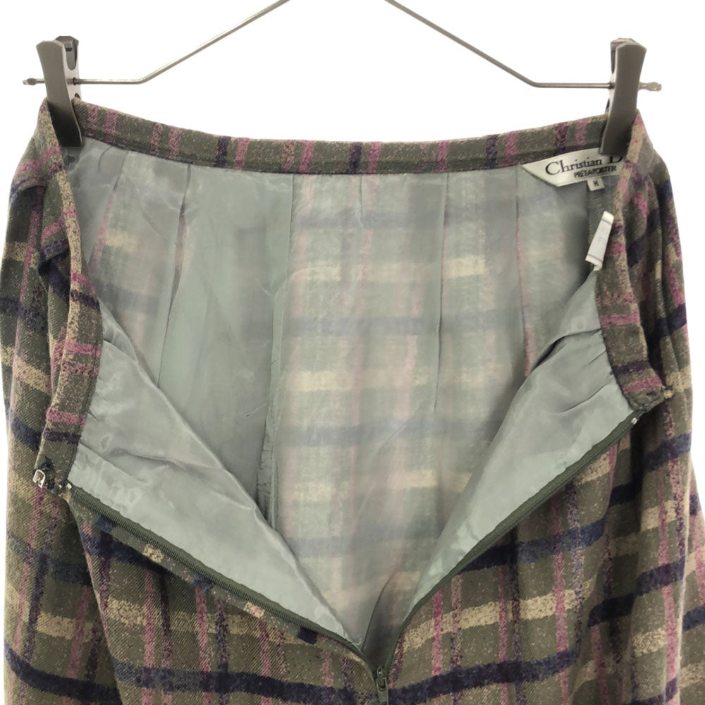 クリスチャンディオール 90s チェック ロング丈 タック スカート M カーキ系 Christian Dior オールド ヴィンテージ レディース