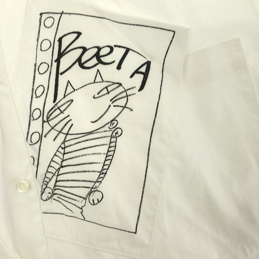 β ベータ 日本製 猫プリント 長袖 シャツ 40 ホワイト フライフロント 胸ポケット レディース