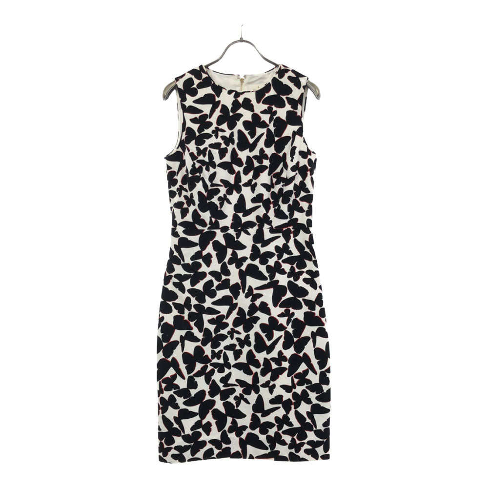 Kate Spade ケイトスペード 総柄 バタフライ ノースリーブ ワンピース 2 ホワイト×ブラック バックジップ レディース