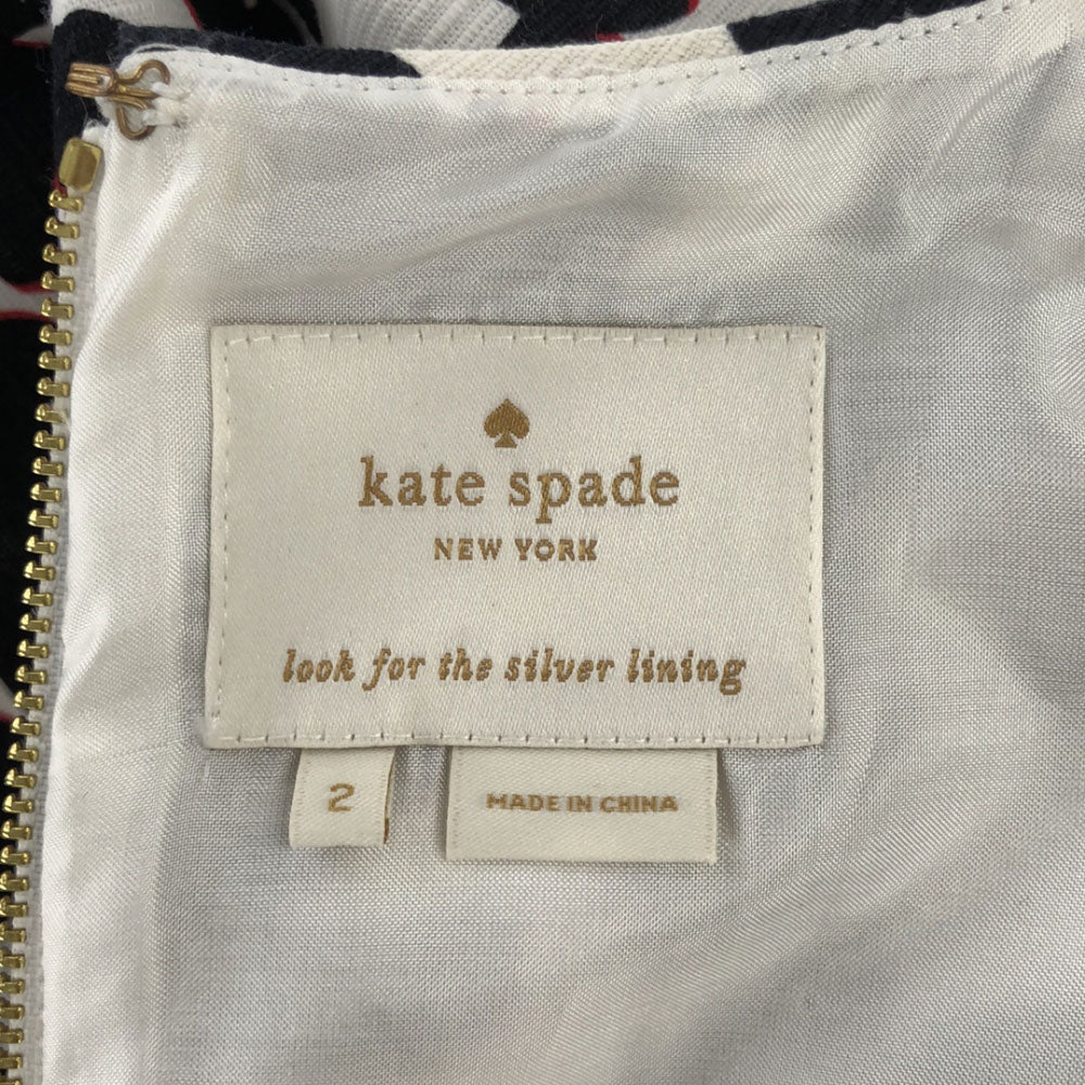 Kate Spade ケイトスペード 総柄 バタフライ ノースリーブ ワンピース 2 ホワイト×ブラック バックジップ レディース