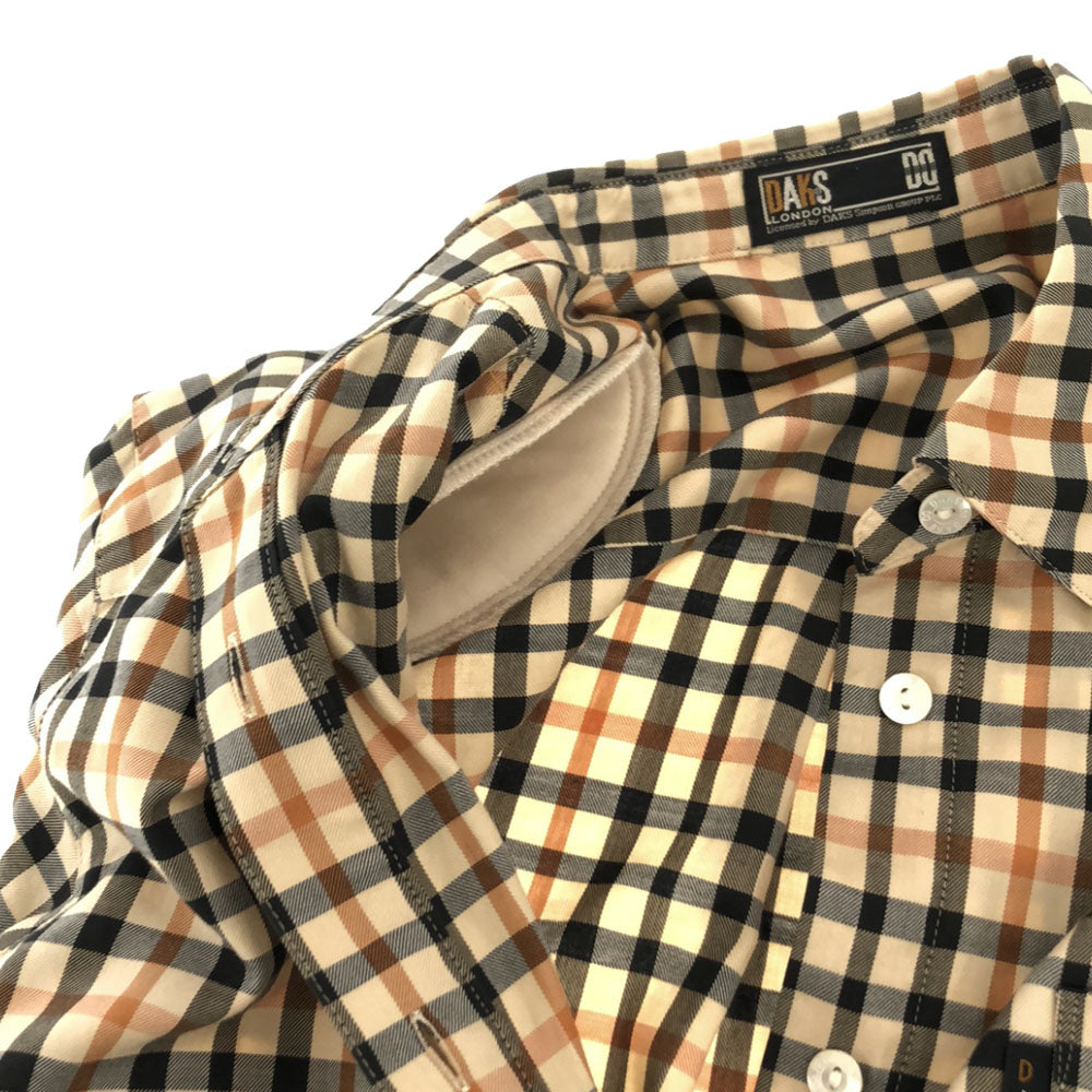 ダックス 90s 日本製 チェック 長袖 コットンシャツ 7R ベージュ DAKS 肩パット オールド レディース