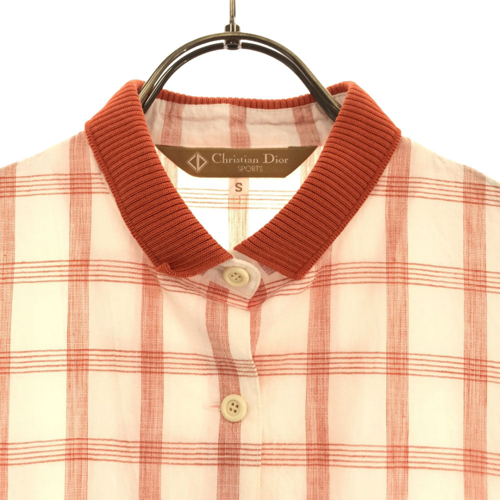 Christian Dior SPORTS クリスチャンディオール スポーツ 80s チェック柄 長袖 クレリック コットンシャツ S ホワイト×オレンジ系 オールド ヴィンテージ レディース