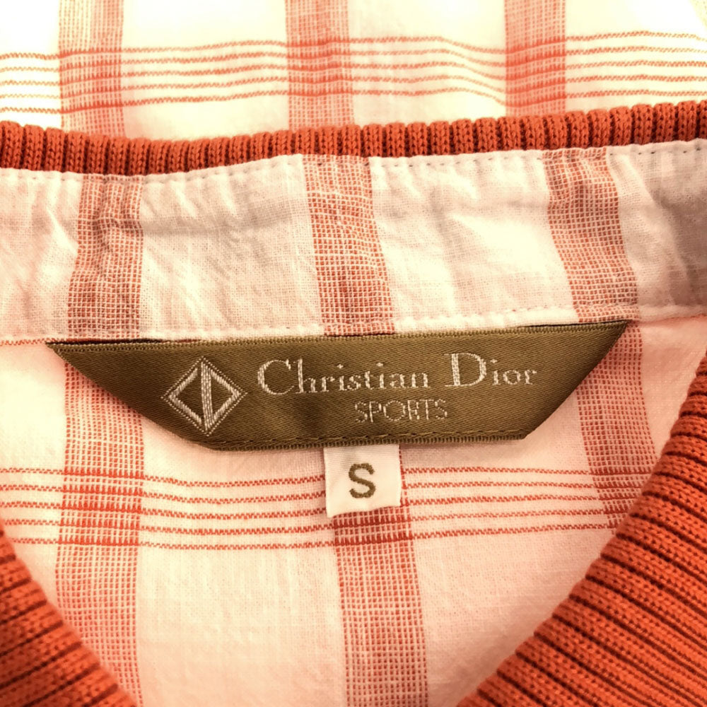 Christian Dior SPORTS クリスチャンディオール スポーツ 80s チェック柄 長袖 クレリック コットンシャツ S ホワイト×オレンジ系 オールド ヴィンテージ レディース