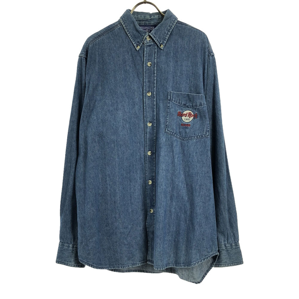 ハードロックカフェ ロゴ刺繍 長袖 デニム ボタンダウンシャツ S HARD ROCK CAFE メンズ