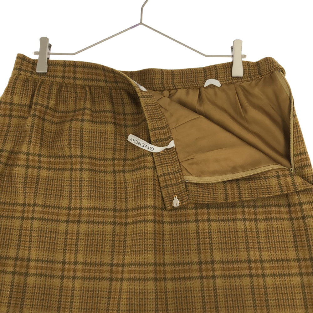 GIVENCHY GLAMOUR ジバンシー グラマー 90s カシミヤブレンド チェック ミモレ丈スカート 15 ライトブラウン系 サイドジップ 裏地付 フロントスリット オールド ヴィンテージ レディース