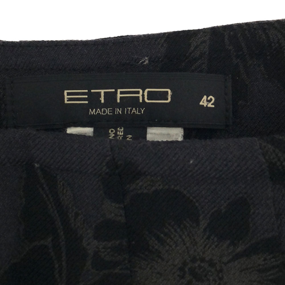 ETRO エトロ イタリア製 花柄 ビーズ装飾 ミディ丈 タック フレアスカート 42 ブラック系 サイドジップ 裏地付き レディース