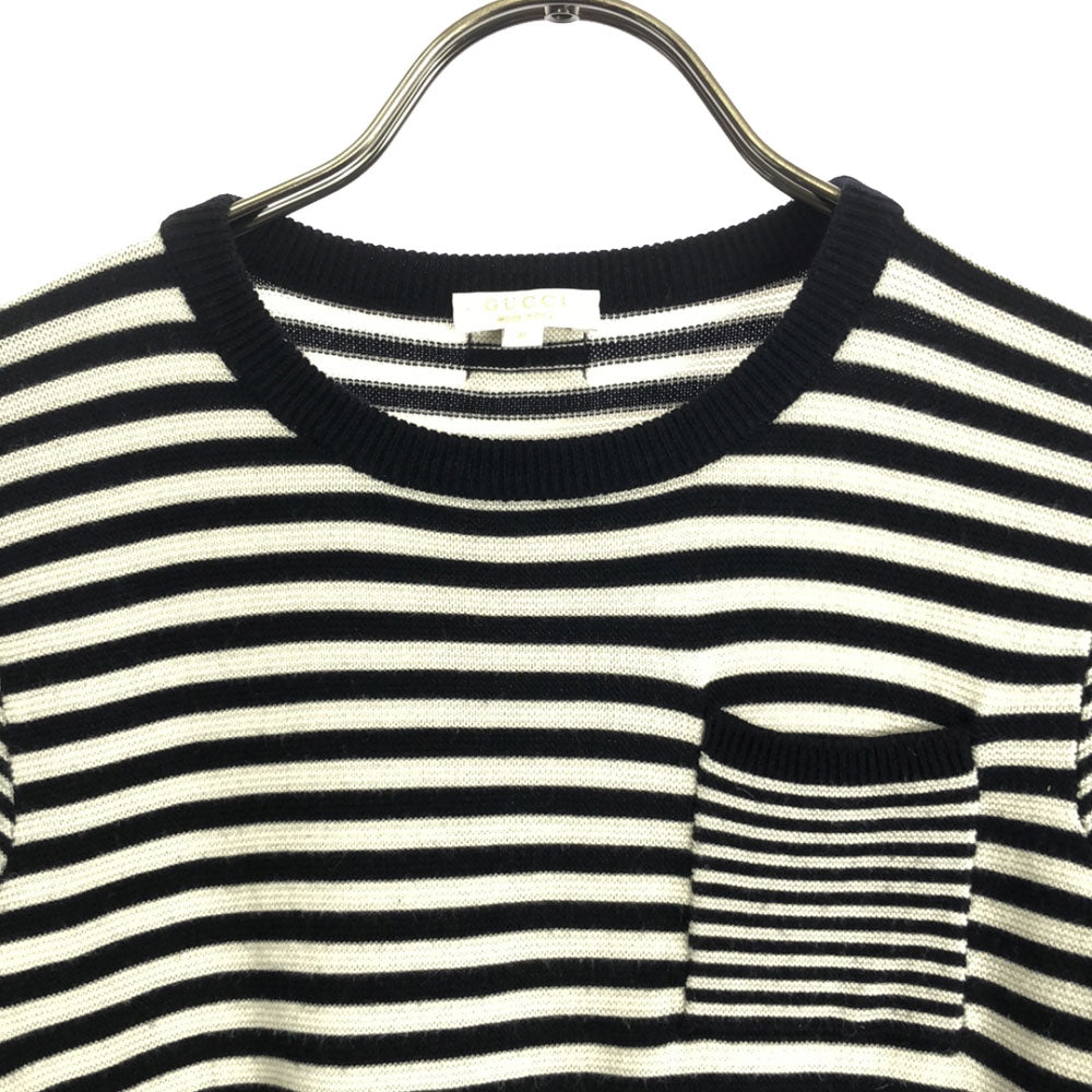 グッチ イタリア製 ボーダー柄 長袖 コットン ニット 8 ホワイト×ブラック GUCCI セーター 胸ポケット レディース