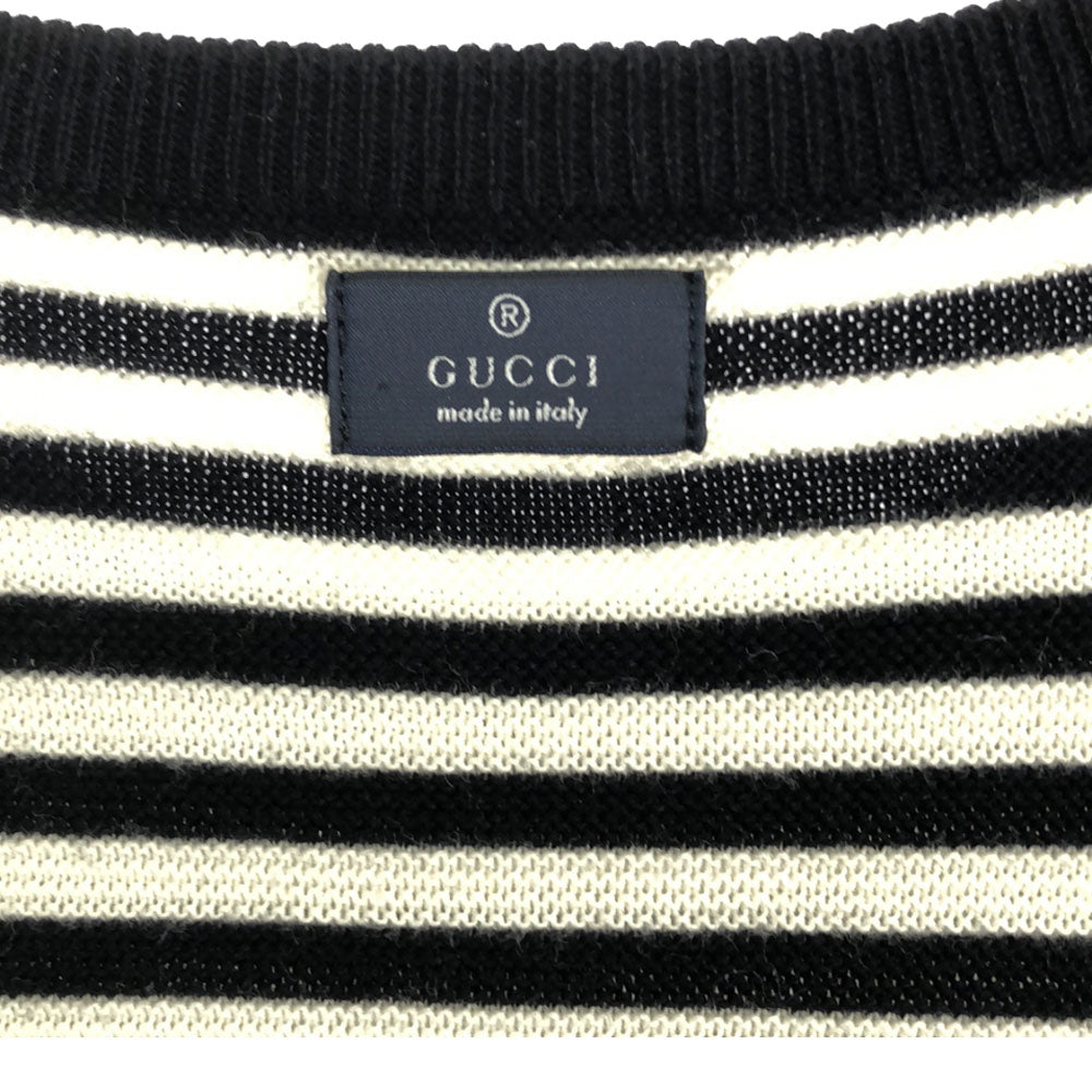 グッチ イタリア製 ボーダー柄 長袖 コットン ニット 8 ホワイト×ブラック GUCCI セーター 胸ポケット レディース