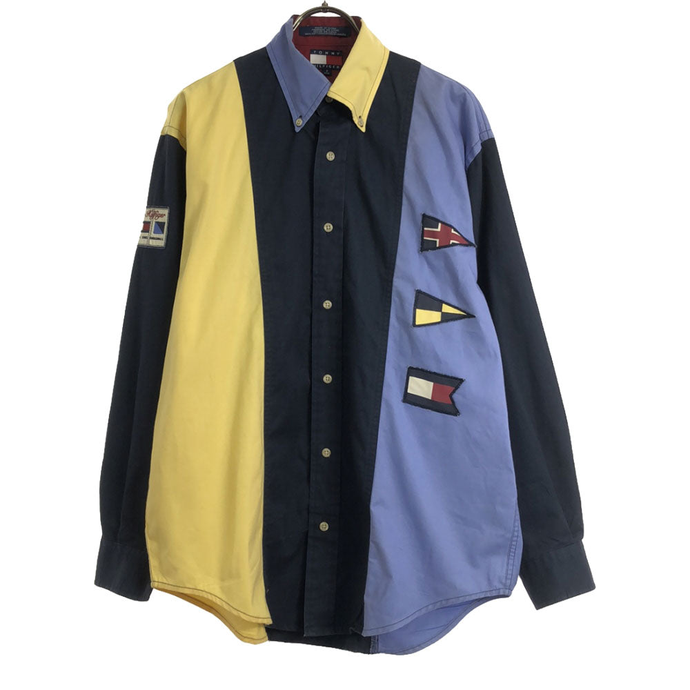 TOMMY HILFIGER トミーヒルフィガー 90s フラッグタグ ロゴ刺繍 長袖 ボタンダウンシャツ S ネイビー系 オールド メンズ