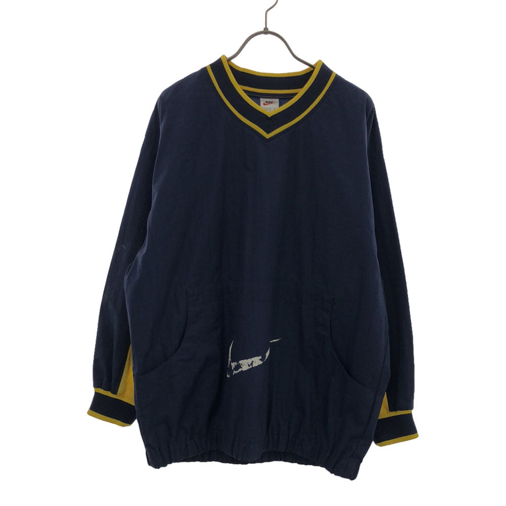 NIKE ナイキ 90s 白タグ ナイロン ロゴプリント 長袖 スニードジャック ジャケット L ネイビー×イエロー プルオーバー スポーツ オールド キッズ