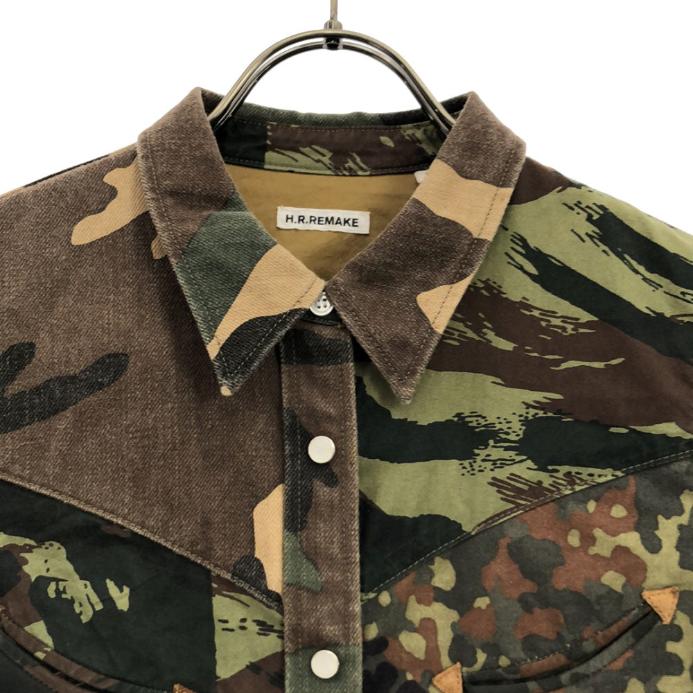 H.R.REMAKE エイチアールリメイク 日本製 迷彩 カモフラ 長袖 ミリタリーシャツ M カーキ系 ハリウッドランチマーケット レディース
