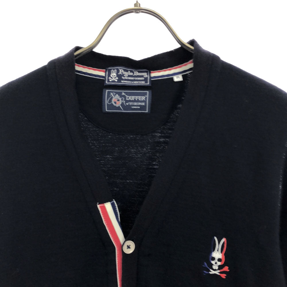 Psycho Bunny サイコバニー 日本製 ウールブレンド 刺繍 長袖 ニットカーディガン M ネイビー サイドスリット ゴルフ メンズ