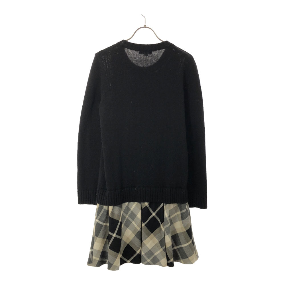 BLUE LABEL CRESTBRIDGE ブルーレーベルクレストブリッジ 三陽商会 チェック柄 長袖 フィッシャーマン 切り替え ニット ワンピース 36 ブラック×ベージュ系 レディース