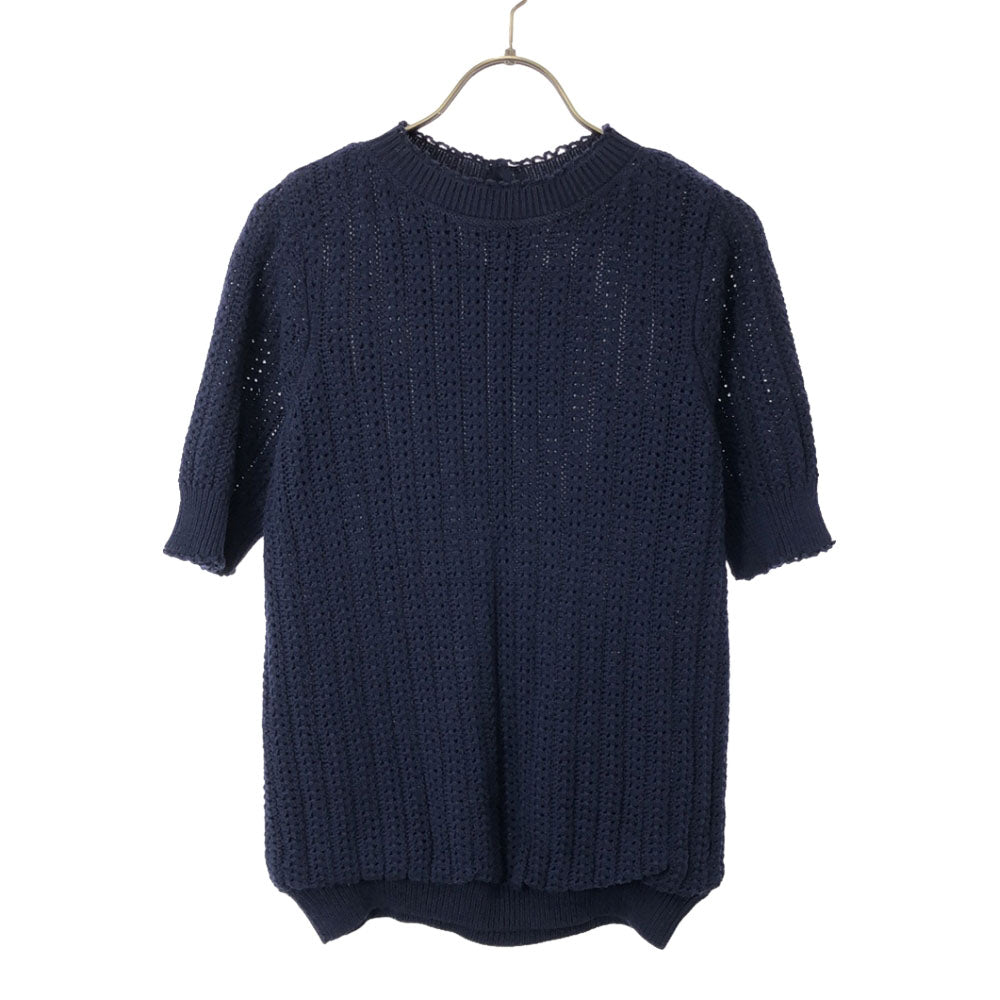 NINA RICCI ニナリッチ イタリア製 ウールシルクブレンド 半袖 かぎ編み ニット S ネイビー レディース