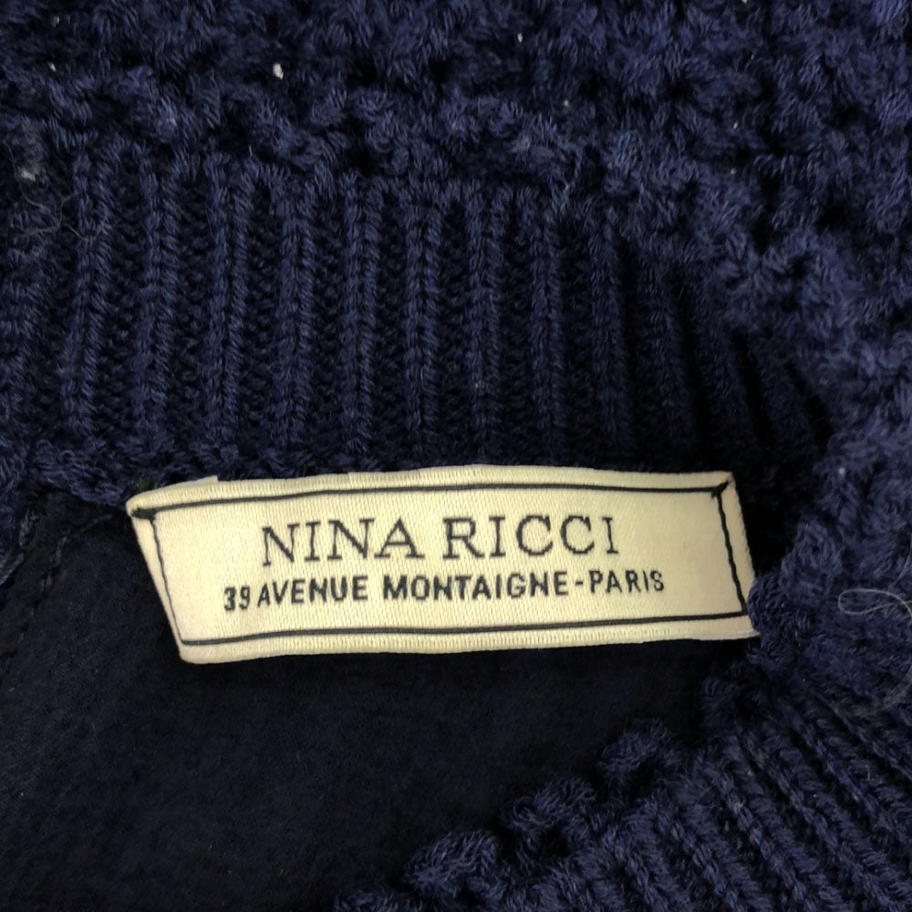 NINA RICCI ニナリッチ イタリア製 ウールシルクブレンド 半袖 かぎ編み ニット S ネイビー レディース