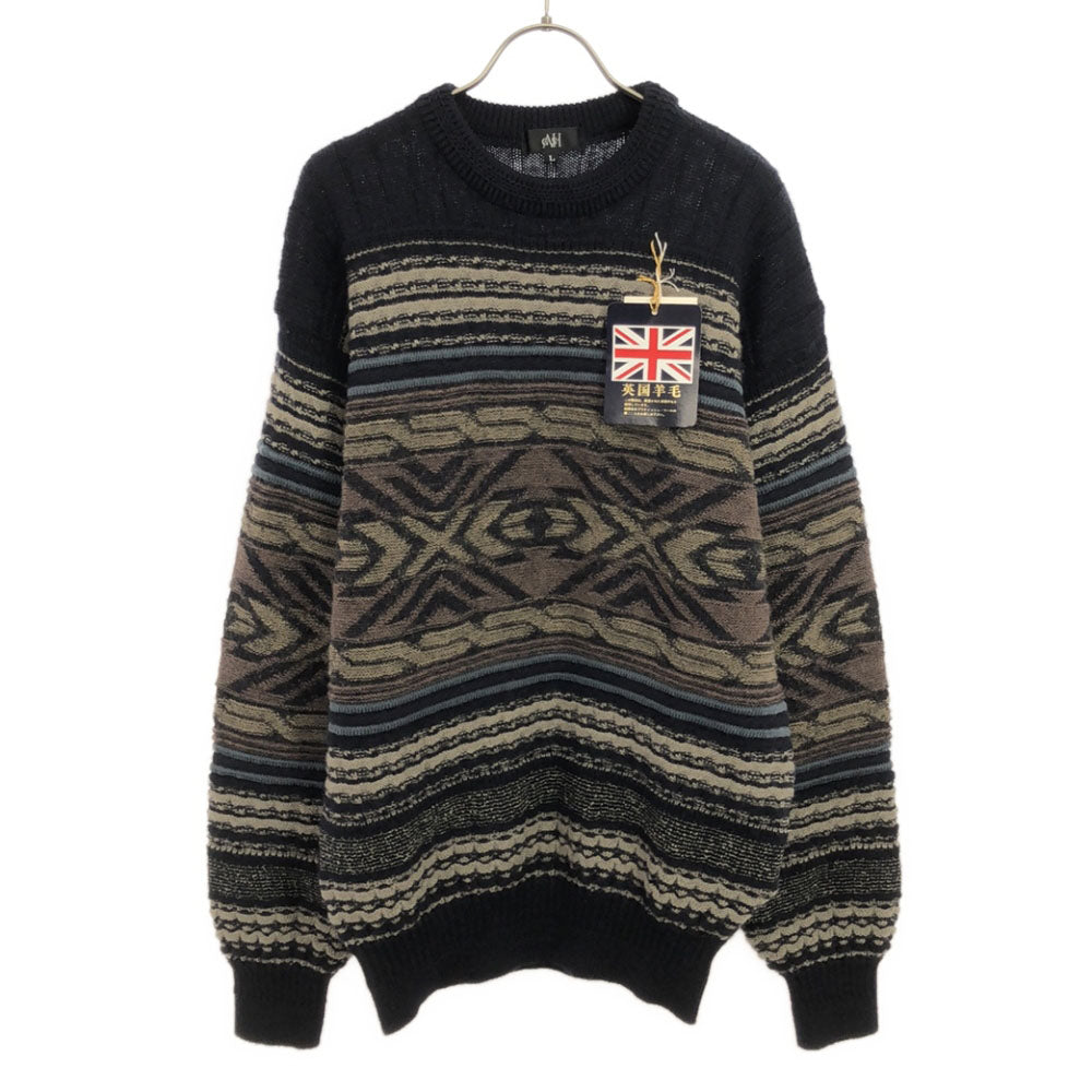 未使用 ガッシュ 日本製 ウール100% 総柄 長袖 ニット L セーター メンズ