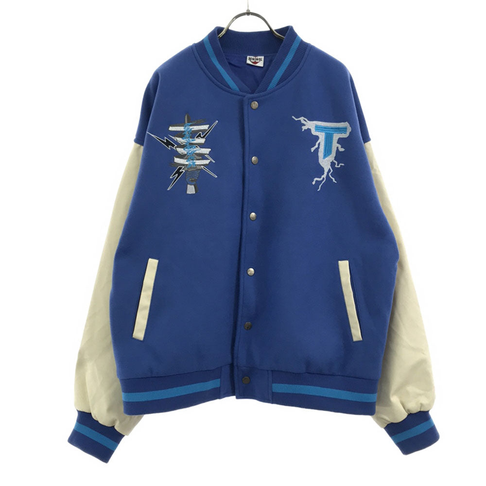 HOOK フック ロゴ刺繍 スタジャン L ブルー系×ホワイト PUレザー バック刺繍 裏地付き 配色切り替え メンズ