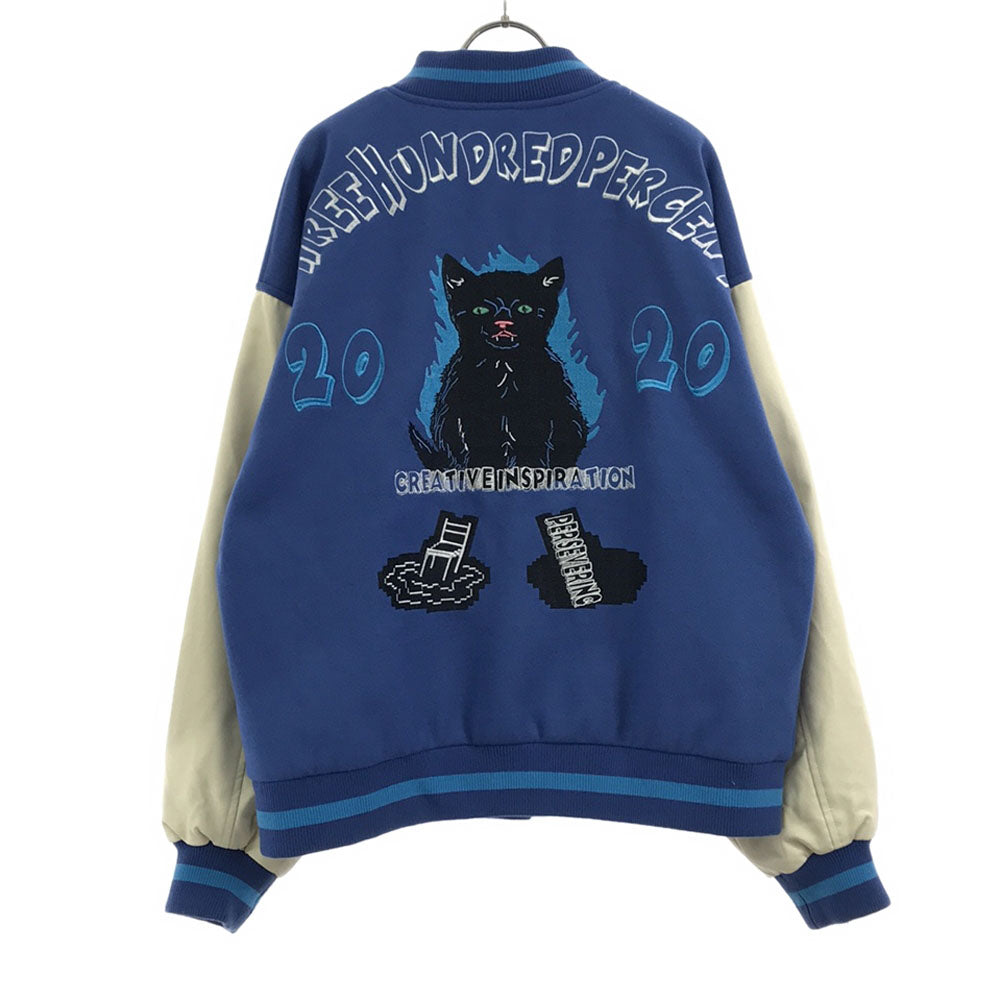 HOOK フック ロゴ刺繍 スタジャン L ブルー系×ホワイト PUレザー バック刺繍 裏地付き 配色切り替え メンズ