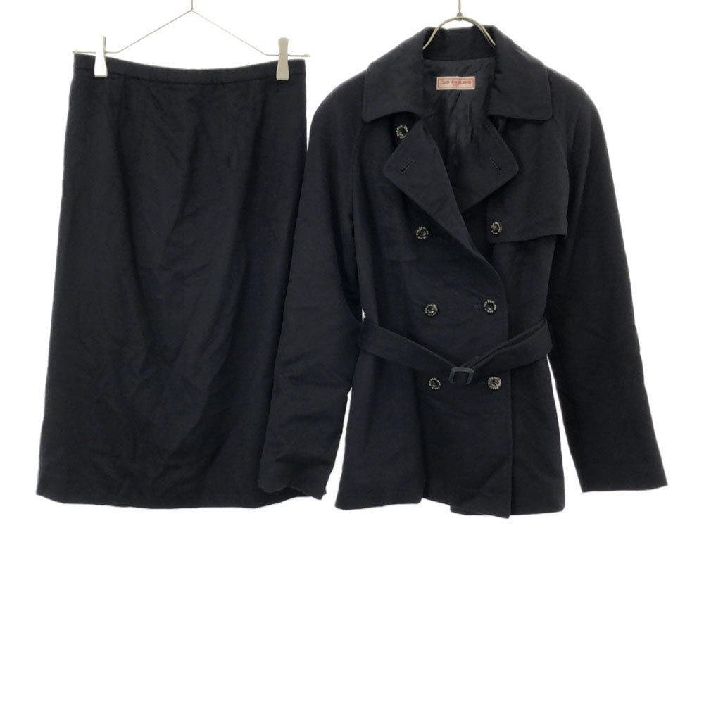 オールドイングランド 日本製 ウールブレンド スカートスーツ 上下 セットアップ 38 ネイビー OLD ENGLAND ベルト付き レディース