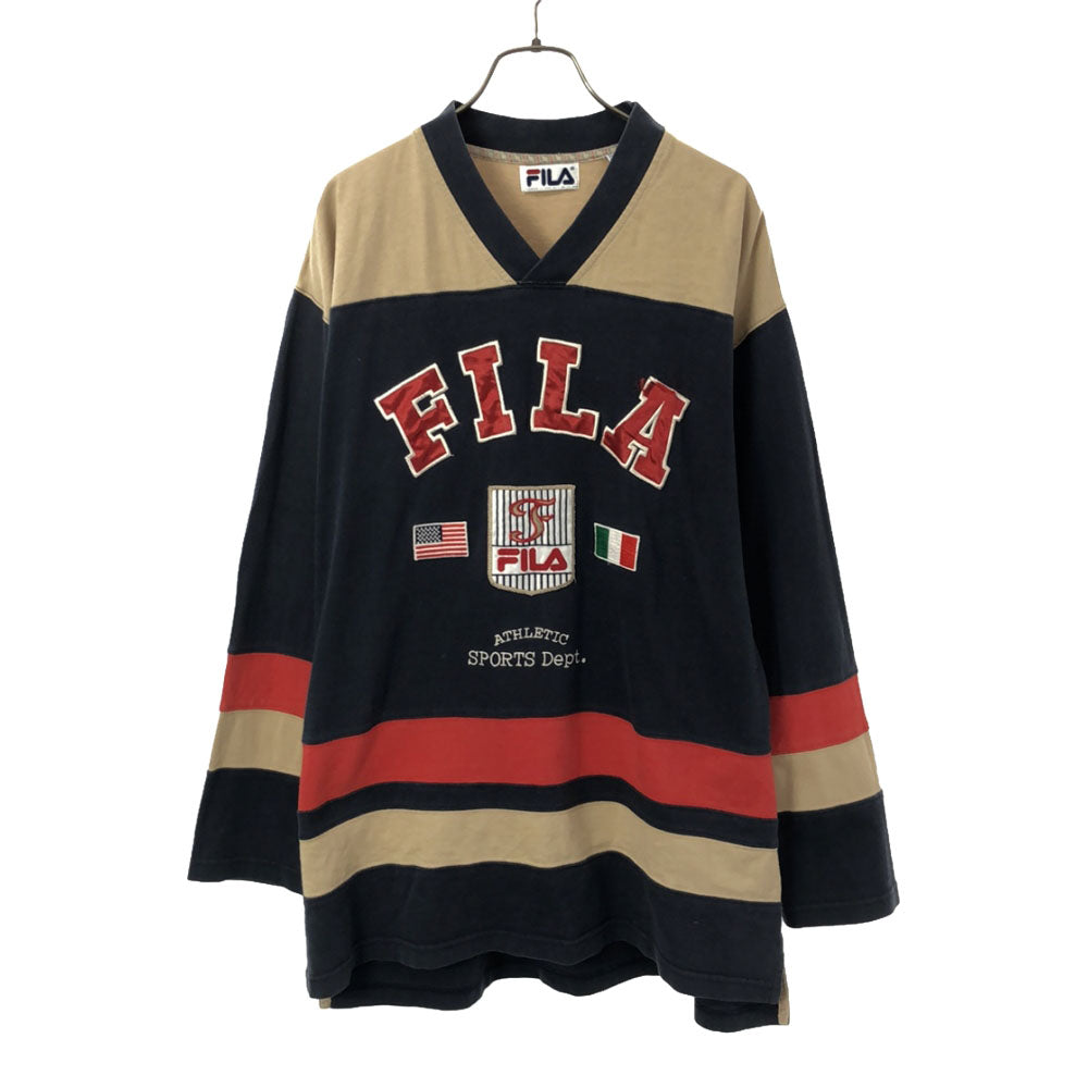 FILA フィラ 90s オールド 長袖 Vネック Tシャツ S ネイビー系 ロンT メンズ