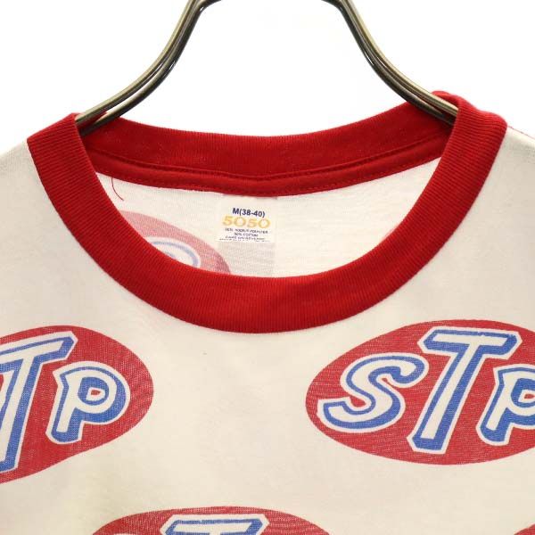 70s USA製 デッドストック STP ロゴ 総柄 プリント 半袖 Tシャツ M オフホワイト メンズ