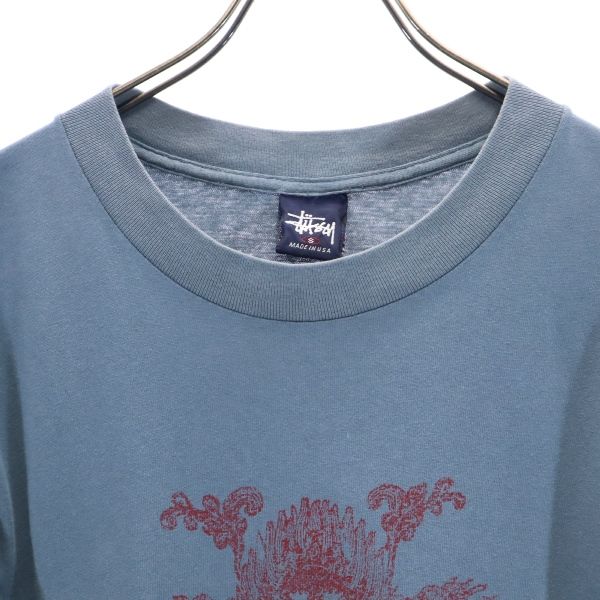 STUSSY ステューシー 90s USA製 紺タグ プリント 半袖 Tシャツ S 青系 メンズ