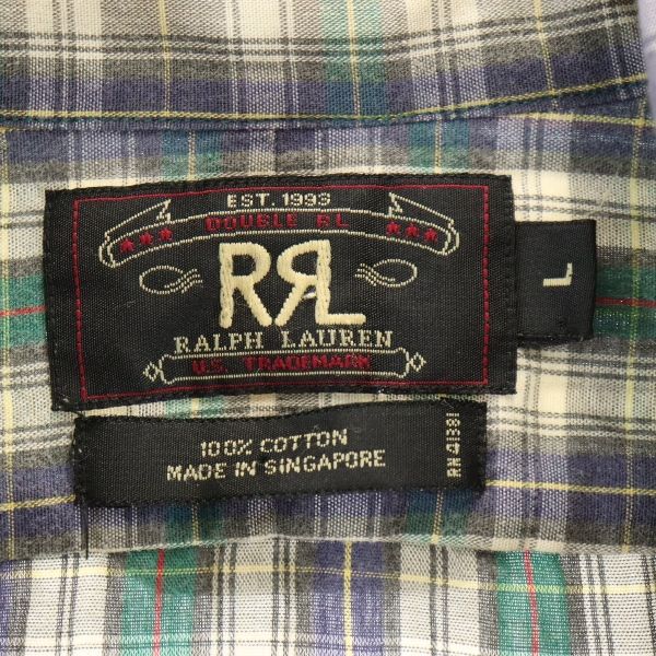 RRL 90s 初期タグ 赤三ツ星 チェック柄 半袖 シャツ L 緑×青×グレー ダブルアールエル RALPH LAUREN メンズ