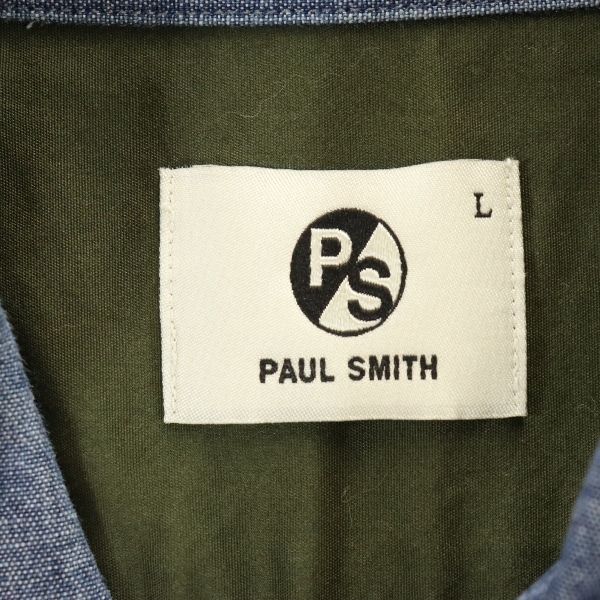 ピーエスポールスミス フロント刺繍入り 半袖 シャンブレーシャツ L 青 PS Paul Smith メンズ