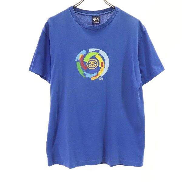 STUSSY ステューシー 90s 紺タグ USA製 プリント 半袖 Tシャツ M ブルー系 メンズ