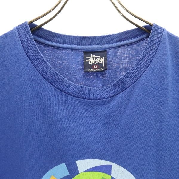 STUSSY ステューシー 90s 紺タグ USA製 プリント 半袖 Tシャツ M ブルー系 メンズ