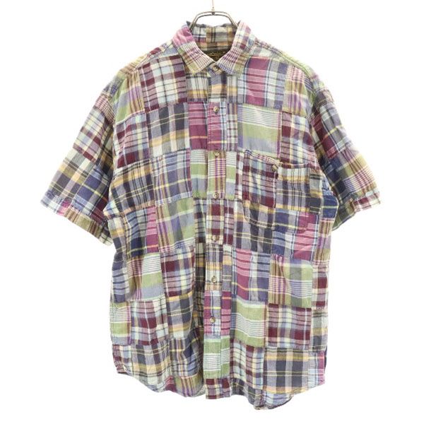 Eddie Bauer エディーバウアー 90s 黒タグ 半袖 シャツ M 紫×青×緑 メンズ