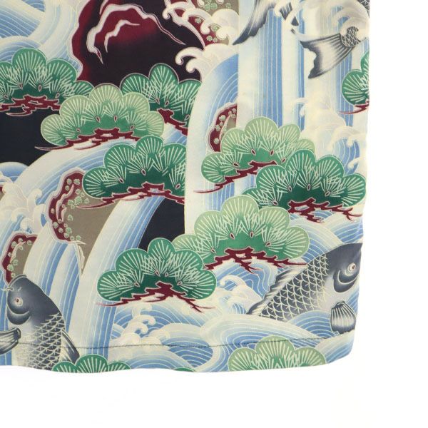 マカナレイ シルク 和柄 半袖 アロハシャツ S ブルー×グリーン系 MAKANALEI 松 鯉 開襟 メンズ