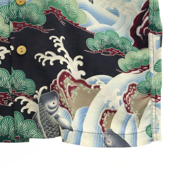 マカナレイ シルク 和柄 半袖 アロハシャツ S ブルー×グリーン系 MAKANALEI 松 鯉 開襟 メンズ